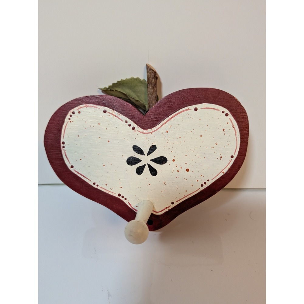 Vintage Country Apple Wooden Wall Hook Hand Painted Heart Shape Farmhouse Decor